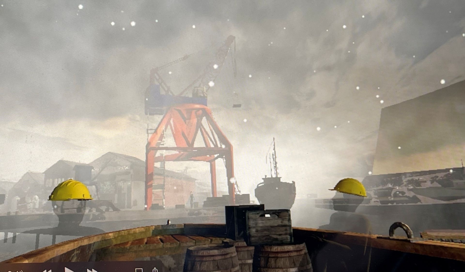Bilden föreställer en vy av Lindholmens varv från virtual reality-filmen GBG Varvet av Studio Jox.  